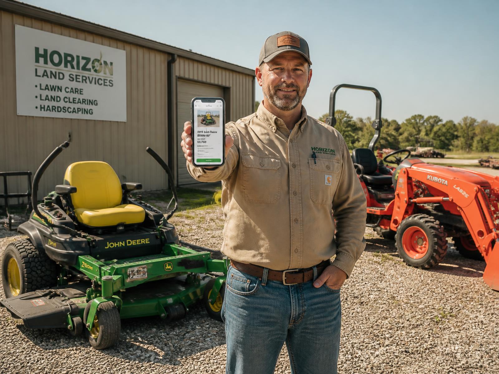 A US contractor listing a zero-turn mower on his phone in an equipment yard