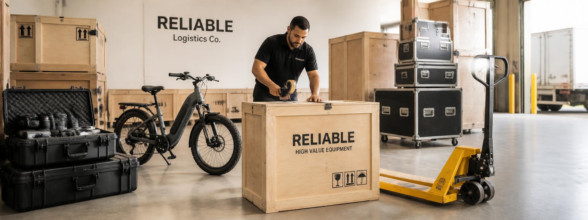 Crated high-value equipment, camera cases and an e-bike being packed for shipping